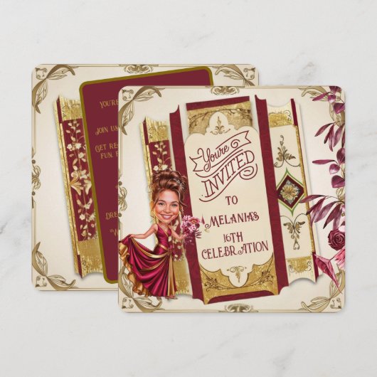 Custom Ruby Rood en goud Sweet 16 Karikatuur Kaart (Voorkant / Achterkant)