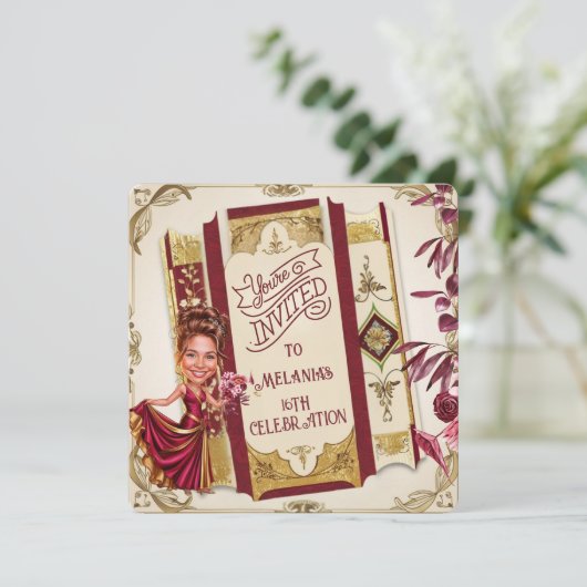 Custom Ruby Rood en goud Sweet 16 Karikatuur Kaart (Staand voorkant)