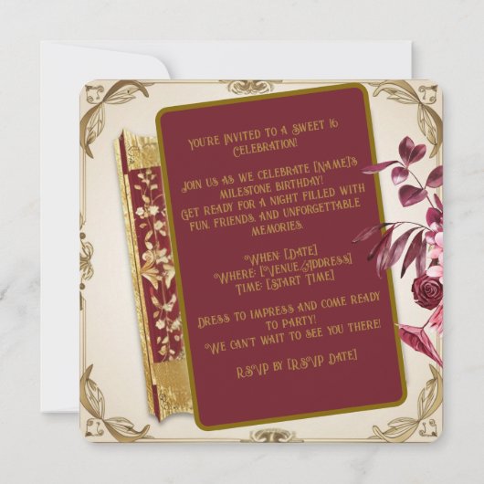 Custom Ruby Rood en goud Sweet 16 Karikatuur Kaart (Achterkant)