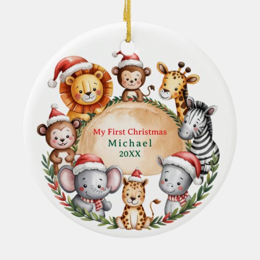 Custom Safari Animals Baby 1st First Christmas Keramisch Ornament (Achterkant)