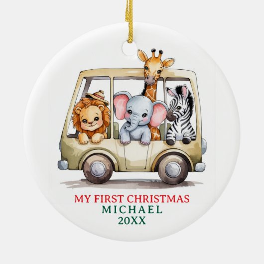 Custom Safari Animals Baby 1st First Christmas Keramisch Ornament (Achterkant)