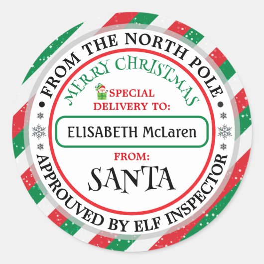 Custom Santa Claus Name Sticker — North Pole Works (Voorkant)