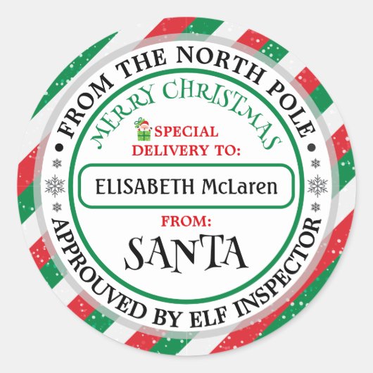 Custom Santa Claus Name Sticker — North Pole Works (Voorkant)