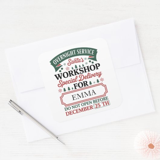 Custom Santa’s Workshop Christmas Vierkante Sticker (Envelop)