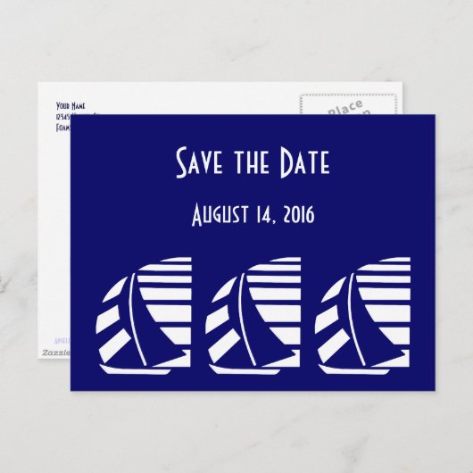 Custom Save the Date Blauw Wit Zeilboten Briefkaar Aankondigingskaart (Voorkant / Achterkant)