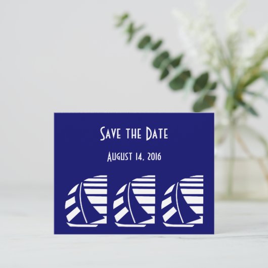 Custom Save the Date Blauw Wit Zeilboten Briefkaar Aankondigingskaart (Staand voorkant)