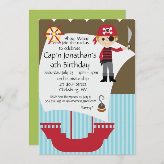 Custom Savvy Pirate Birthday Party Kaart (Voorkant / Achterkant)