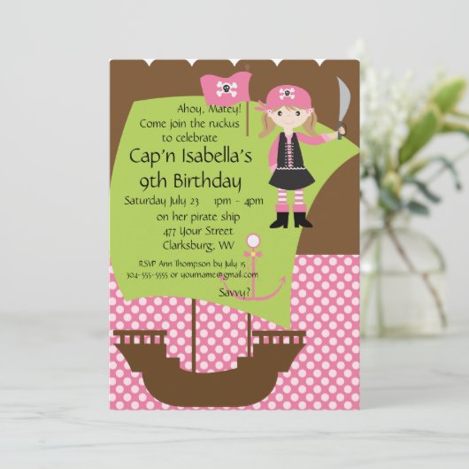 Custom Savvy Pirate Girl Birthday Party Kaart (Staand voorkant)