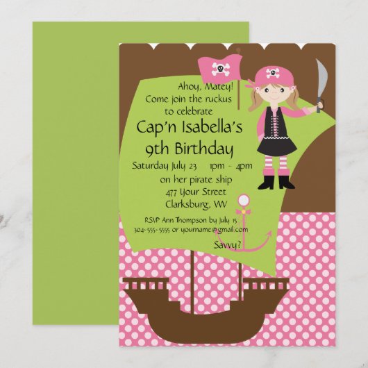 Custom Savvy Pirate Girl Birthday Party Kaart (Voorkant / Achterkant)