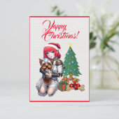 Custom Schattige Yorkie Dog Met Meisje Xmas Kaart (Staand voorkant)