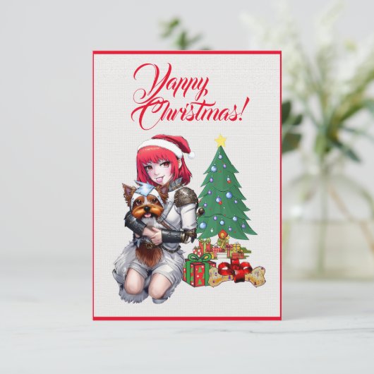 Custom Schattige Yorkie Dog Met Meisje Xmas Kaart (Staand voorkant)