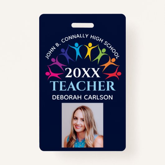 Custom School Teacher Schattige Rainbow Naam Bar C Badge (Voorkant)
