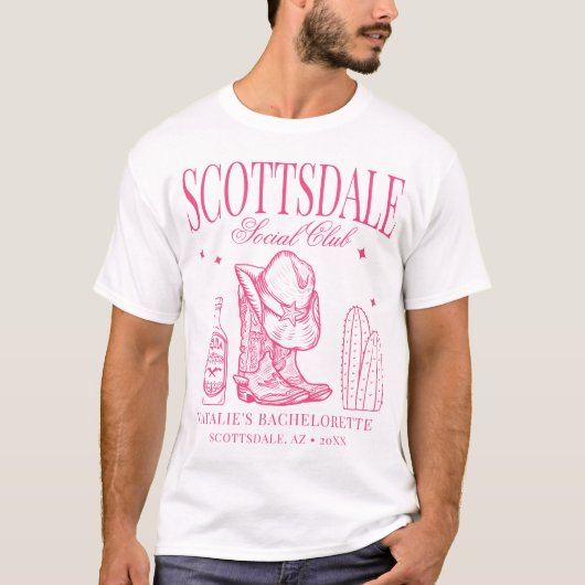 Custom Scottsdale Bachelorette Party Social Club T-shirt (Voorkant)