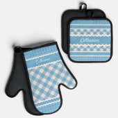 Custom Shabby Chic Licht Blauw Wit Gingham Plaid Ovenwant & Pannenlap Set