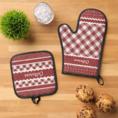 Custom Shabby Chic Rood Wit Gingham Plaid Ovenwant & Pannenlap Set (Top down)