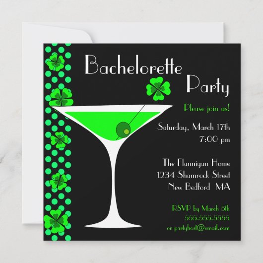 CUSTOM Shamrock Bachelorette Martini Invitation Kaart (Voorkant)