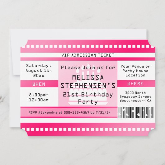 Custom Shape Pink Birthday Party Admission Ticket Kaart (Voorkant)