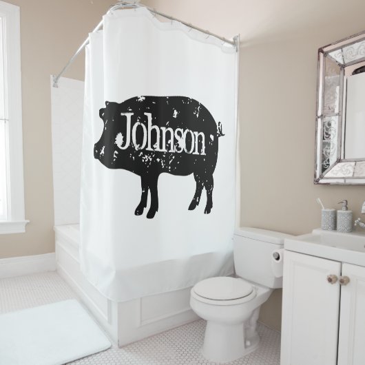 Custom shower curtain with black pig silhouette douchegordijn (In situ)