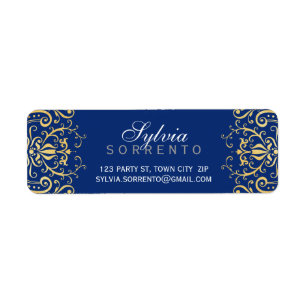 CUSTOM  sierlijk filigraan damast marinegoud Etiket