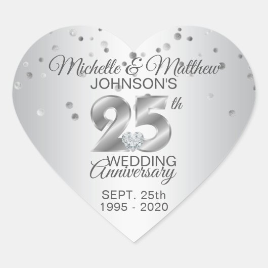 Custom Silver 25th Wedding Jubileum Diamond Hart Sticker (Voorkant)