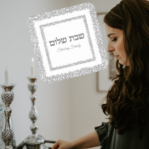 Custom Silver Glitter Hebrew Shabbat Shalom Vierkante Sticker