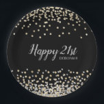 Custom Silver Gold Confetti 21st Birthday Party Papieren Bordje<br><div class="desc">Voeg uw eigen speciale aanraking aan dit elegante ontwerp van het bord van de verjaardagspartij toe met bijzonder goud en zilveren confetti over een zwarte achtergrond,  moderne scripttypografie met de woorden "Happy 21st" en de naam van het verjaardagsmeisje.</div>