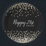 Custom Silver Gold Confetti 21st Birthday Party Papieren Bordje<br><div class="desc">Voeg uw eigen speciale aanraking aan dit elegante ontwerp van het bord van de verjaardagspartij toe met bijzonder goud en zilveren confetti over een zwarte achtergrond,  moderne scripttypografie met de woorden "Happy 21st" en de naam van het verjaardagsmeisje.</div>