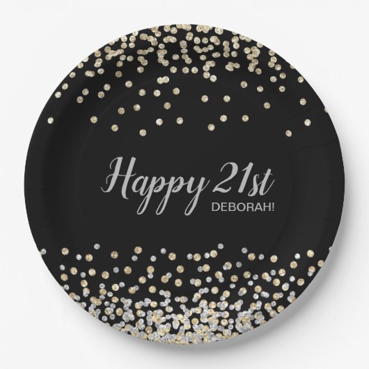 Custom Silver Gold Confetti 21st Birthday Party Papieren Bordje (Voorkant)