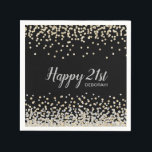 Custom Silver Gold Confetti 21st Birthday Party Servet<br><div class="desc">Voeg uw eigen speciale aanraking toe aan dit elegante model van een aangepast verjaardagsfeestje met een bijzonder gouden en zilveren confetti op een zwarte achtergrond,  moderne scripttypografie met de woorden "Happy 21st" en de naam van het verjaardagsmeisje.</div>