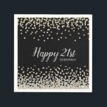 Custom Silver Gold Confetti 21st Birthday Party Servet<br><div class="desc">Voeg uw eigen speciale aanraking toe aan dit elegante model van een aangepast verjaardagsfeestje met een bijzonder gouden en zilveren confetti op een zwarte achtergrond,  moderne scripttypografie met de woorden "Happy 21st" en de naam van het verjaardagsmeisje.</div>