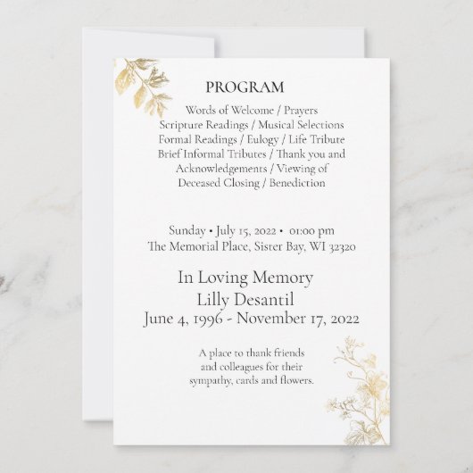 Custom Simple Gold Flower Funeral Memorial Program Kaart (Achterkant)