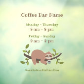 Custom Sloth Coffee Bar Hours Window Cling Raamsticker (Vel 3)