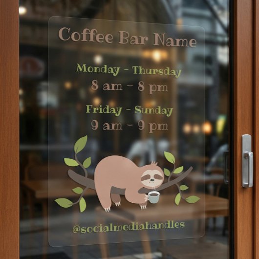 Custom Sloth Coffee Bar Hours Window Cling Raamsticker