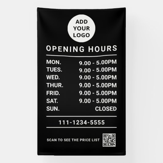 Custom Small Business Opening Hours logo & qr code Spandoek (Verticaal)