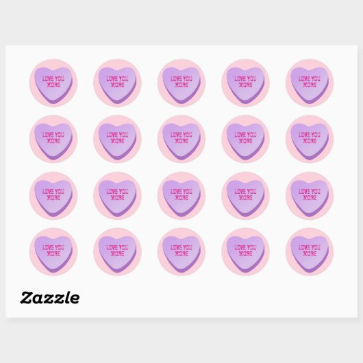 Custom Snoep Heart Text - Paarse Hart op Roze Ronde Sticker (Vel)