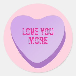 Custom Snoep Heart Text - Paarse Hart op Roze Ronde Sticker