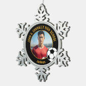 Custom Soccer Player Photo Black Gold High School Tin Sneeuwvlok Ornament (Rechts)