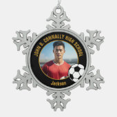 Custom Soccer Player Photo Black Gold High School Tin Sneeuwvlok Ornament (Voorkant)
