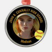 Custom Softball Player Photo Christmas Black Gold Metalen Ornament (Voorkant)