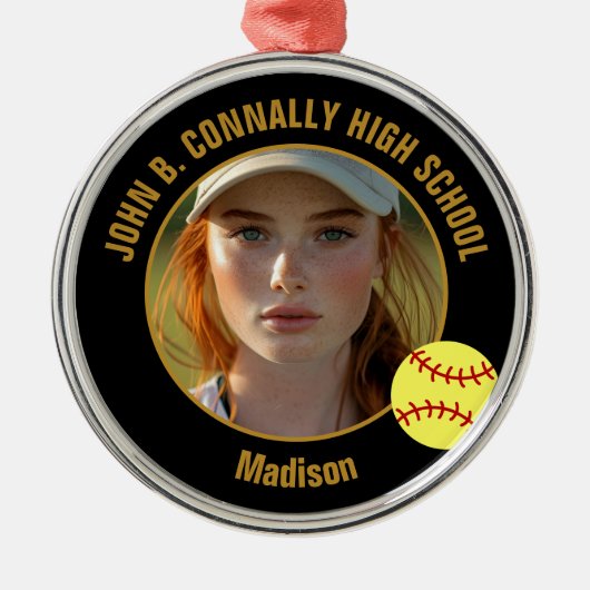 Custom Softball Player Photo Christmas Black Gold Metalen Ornament (Voorkant)