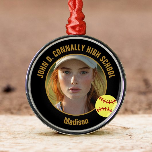 Custom Softball Player Photo Christmas Black Gold Metalen Ornament