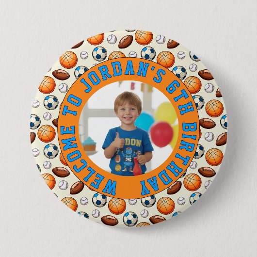 Custom Sports Theme Birthday Photo Button (Voorkant)