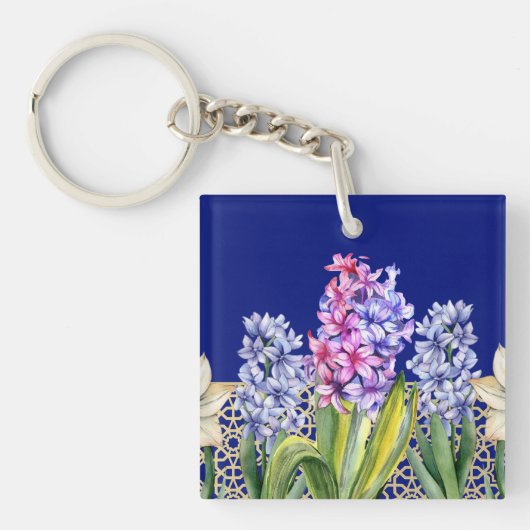 Custom Spring Blossoms Blauw Sleutelhanger (Voorkant)