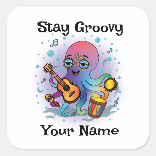 Custom Square Sticker | Retro Octopus Name & Text (Voorkant)