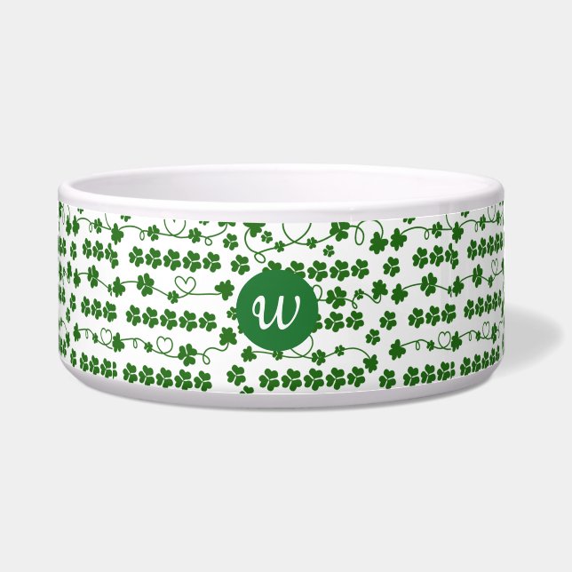 Custom St Patrick's Day Shamrock Heart Wit Groen Voerbakje (Voorkant)