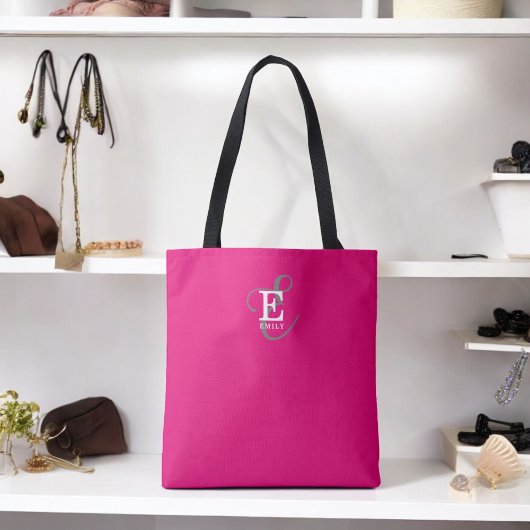 Custom Stijlvolle Monogram Typografie Hot Pink Tote Bag