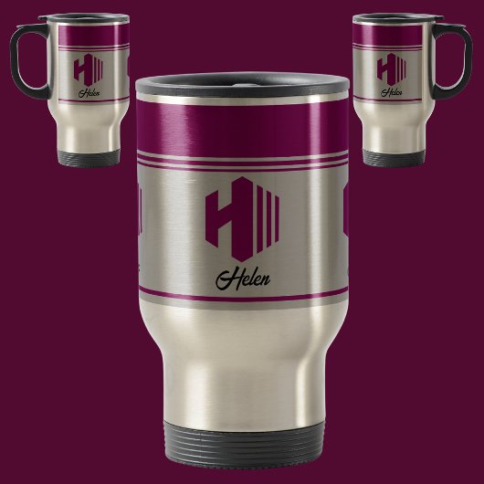 Custom Stijlvolle Roze Naam Monogram Letter (H) Reisbeker