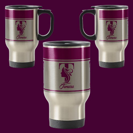 Custom Stijlvolle Roze Naam Monogram Letter (T) Reisbeker