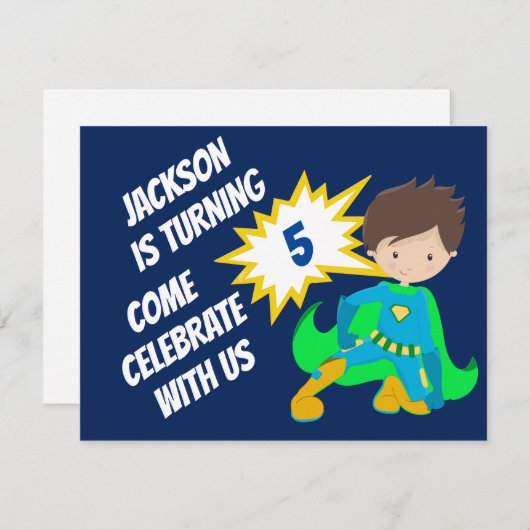 Custom Superheld Action Hero Kids Birthday Party Kaart (Voorkant / Achterkant)