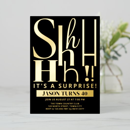 Custom Surprise Birthday Party Invite, Shhh Secret Folie Uitnodiging (Staand Voorkant)